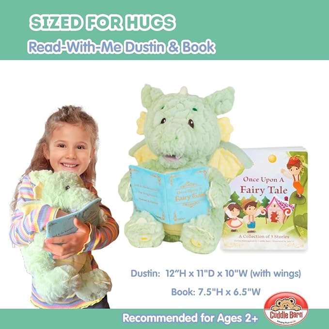 Cuddle Barn - Read-with-Me Dustin | Soft Storytelling Plush with Board Book | Fluffy Green Dragon Stuffed Animal Sways and Moves Mouth | Reads 3 Fairy Tales with Pause and Skip Buttons - 12 inches