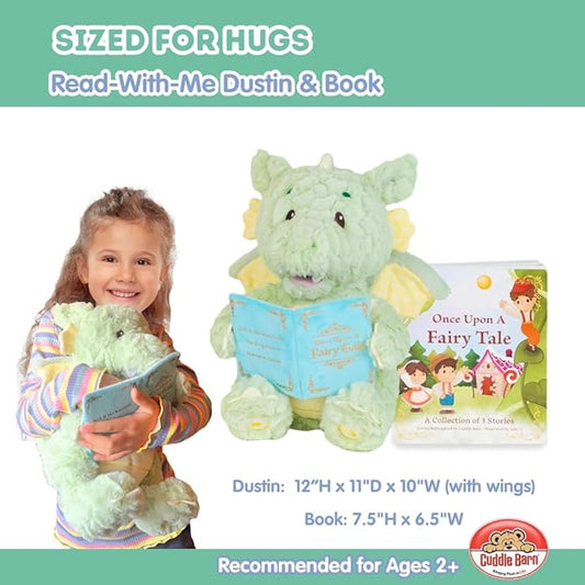 Cuddle Barn - Read-with-Me Dustin | Soft Storytelling Plush with Board Book | Fluffy Green Dragon Stuffed Animal Sways and Moves Mouth | Reads 3 Fairy Tales with Pause and Skip Buttons - 12 inches