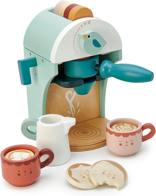 Tender Leaf Toys - Babyccino Maker - Wooden Coffee Machine Pretend Food Play Toy with Espresso Capsules and Cups - Made with Premium Materials and Craftsmanship - Age 3+
