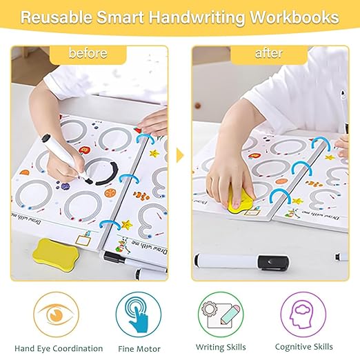 Scribble Smart Workbook, Reusable Grooved Handwriting, Grooved Handwriting Practice Workbooks for Kids Age 3-8, Tracing Letters, Numbers, Drawing, Magic Copybook(New edition-Yellow)