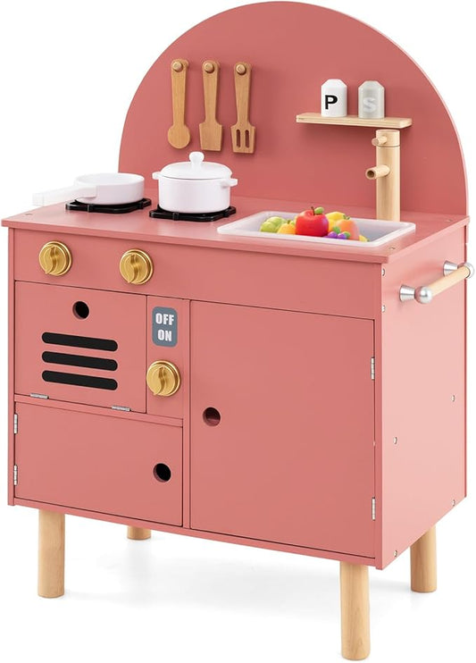 Costzon Kids Kitchen Playset, Little Chef Pretend Play Kitchen w/Stoves, Faucet, Sink, Microwave, Cabinet, Oven & Cooking Accessories, Wooden Play Kitchen for Kids 3+ Years Old (Pink)