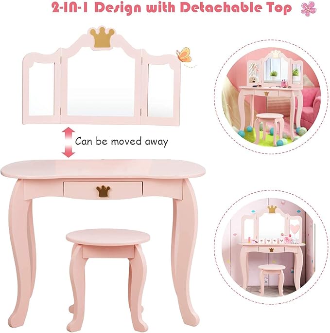 HONEY JOY Kids Vanity, Crown Themed Toddler Dressing Makeup Table and Chair Set w/Drawer & Tri-Folding Mirror, Detachable Mirror, Princess Pretend Play Girls Vanity Set with Mirror and Stool(Pink)