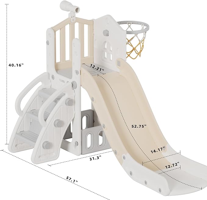 XJD 5 in 1 Toddler Slide, Kids Slide for Toddlers Age 1-3, Outdoor Indoor Playset for Toddlers with Basketball Hoop and Ball, Storage Space Christmas Birthday Gifts for Toddler (Beige)