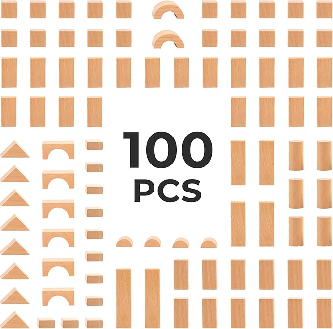 100pcs Natural Beech Wooden Building Blocks for Toddlers 1-3, Wooden Blocks for Baby Shower with Storage Bucket, Montessori Toys for Preschool Girls and Boys