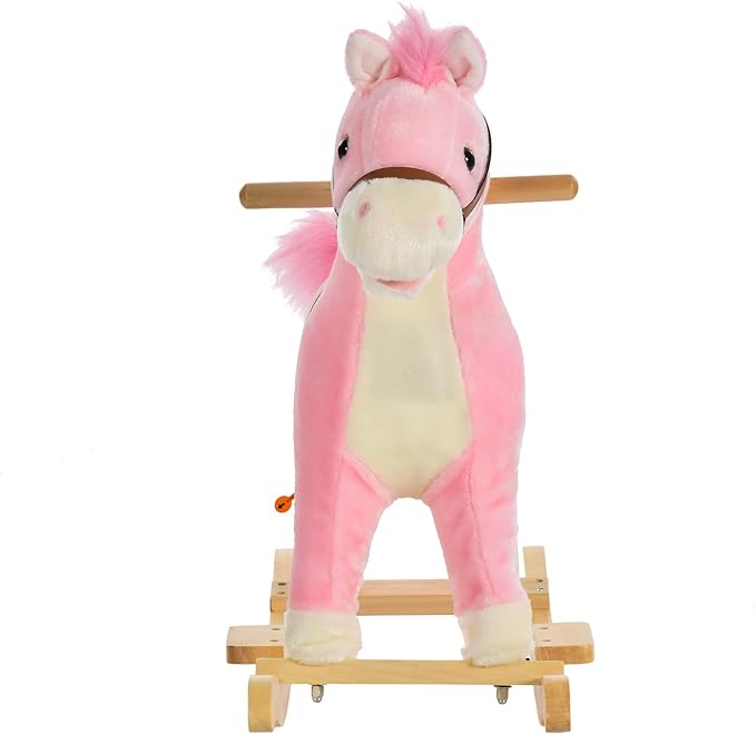 Qaba Rocking Horse Plush Animal on Wooden Rockers, Baby Rocking Chair with Sounds, Moving Mouth, Wagging Tail, Pink