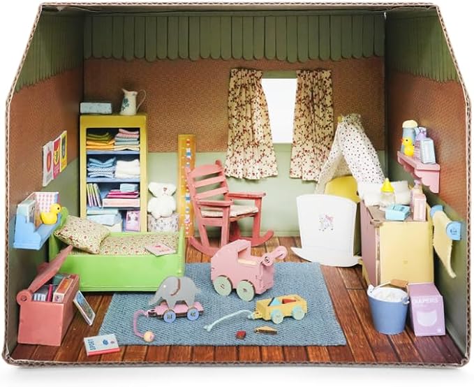 Nursery Dollhouse Craft Kit – Easy to Build & Paint Baby Room | Cardboard Room + 8 Wooden Pieces with Cradle + Decoration Sheets | 1:12 Scale | Sam & Julia's Mouse Mansion