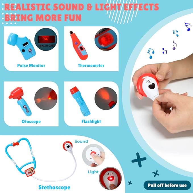 Meland Toy Doctor Kit for Kids - Pretend Play Doctor Set with Carrying Case, Stethoscope Toy & Dress Up Costume - Doctor Play Set for Kids Toddlers Ages 3 4 5 6 Year Old for Role Play Gift