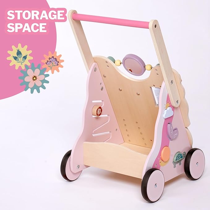 Giant bean Wooden Baby Push Walker for Girls Toddler Kids 1-3 with Activity Center, Pink Butterfly Montessori Learning Push Walker with Wheels, Push Toy Develops Motor Skills & Stimulates Creativity
