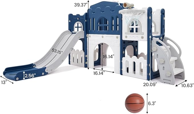 GAOMON 8 in 1 Toddler Slide Indoor Playground, Indoor Slide Toddler Playset for Toddlers 1-3, Kids Outdoor Playground with Basketball Hoop, Climber, Crawling Tunnel, Telescope, Toy Storage