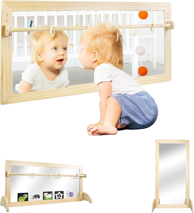 Montessori Mirror with Bar, Adjustable Wood Baby Pull Up Bar, Floor & Wall Shatterproof Safety Infant Coordination Montessori Furniture, for Home, Daycare, or Preschool