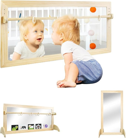 Montessori Mirror with Bar, Adjustable Wood Baby Pull Up Bar, Floor & Wall Shatterproof Safety Infant Coordination Montessori Furniture, for Home, Daycare, or Preschool