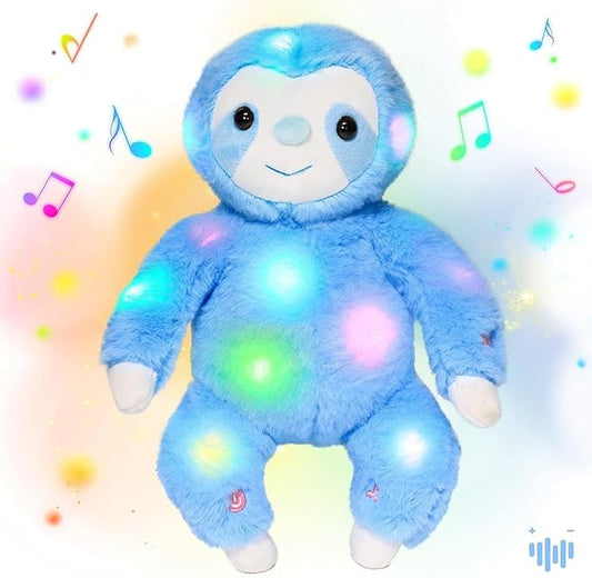 Hopearl LED Musical Plush Sloth Light up Stuffed Animal Three Toed Sloth Floppy Night Lights Glow in The Dark Birthday Festival for Kids Toddlers, Blue, 12.5''