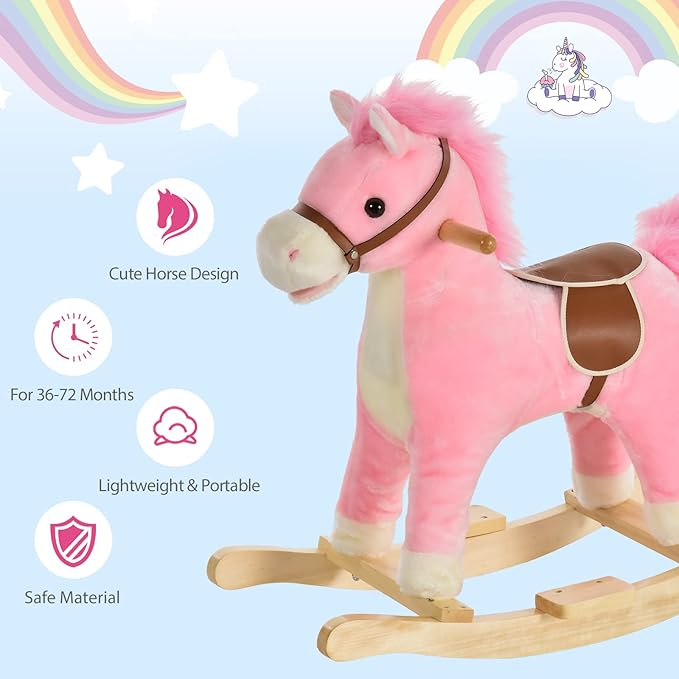 Qaba Rocking Horse Plush Animal on Wooden Rockers, Baby Rocking Chair with Sounds, Moving Mouth, Wagging Tail, Pink