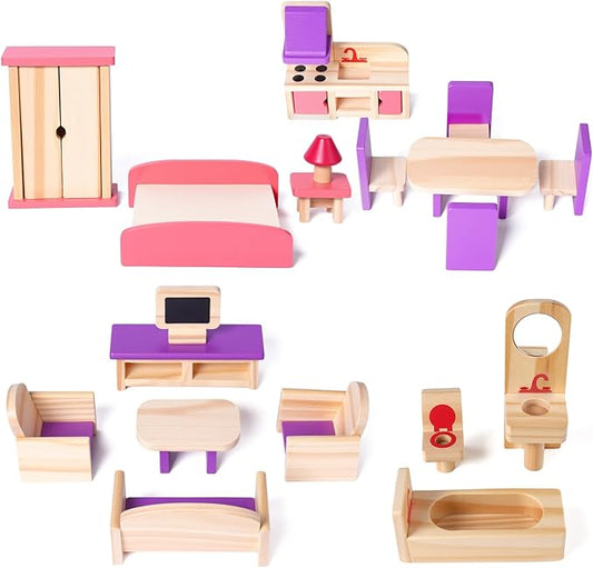 BABESIDE Wooden Dollhouse Furniture Set, 15 Pcs Dollhouse Accessories for 5 Rooms, Solid Wood Miniature Furniture Toys for 6'' Dolls, Pretend Play Gift for Kids Ages 3+ Girls Boys