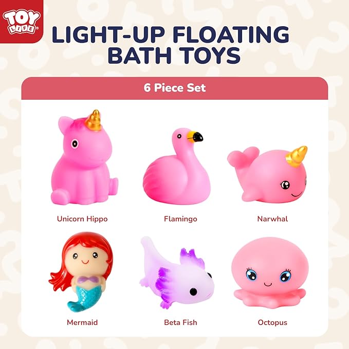 TOY Life 6 PCS Mermaid Light Up Bath Toys for Kids Ages 4-8, No Hole Glow Bath Toys for Kids, Baby Toddler Bath-Time Christmas Birthday Gifts for Grandkids, Girls, Ideal for Shower, Bathtub, Pool