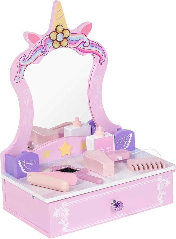 Wooden Vanity Set for Kids, Toddler Tabletop Beauty Salon Play Set w/Accessories & Drawer, Princess Makeup Pretend Play Vanity Table Toy with Mirror for Little Girls Age 3-8