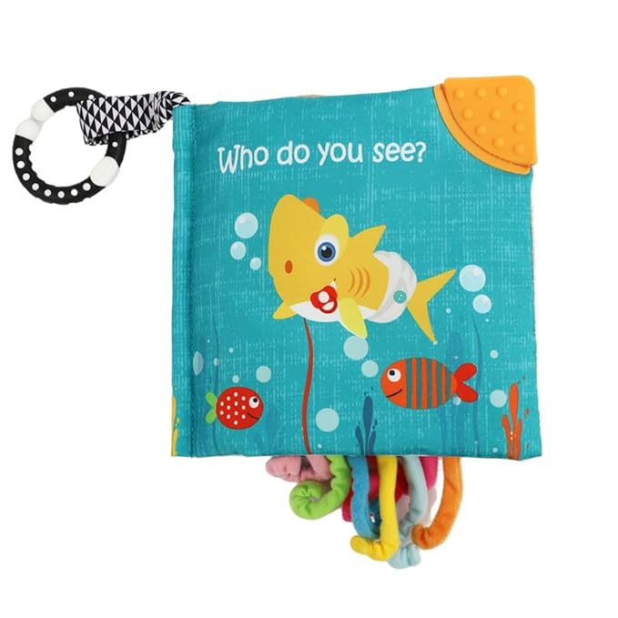 Fish Baby Books Toys, Touch Feel Cloth Crinkle Books for Babies, Infant Toys 0-6, 6-12, 12-18 Months,Early Learning Education Toys,Shower Baby Christmas Gifts for Boys Girls,Teething,Mirror,Shark