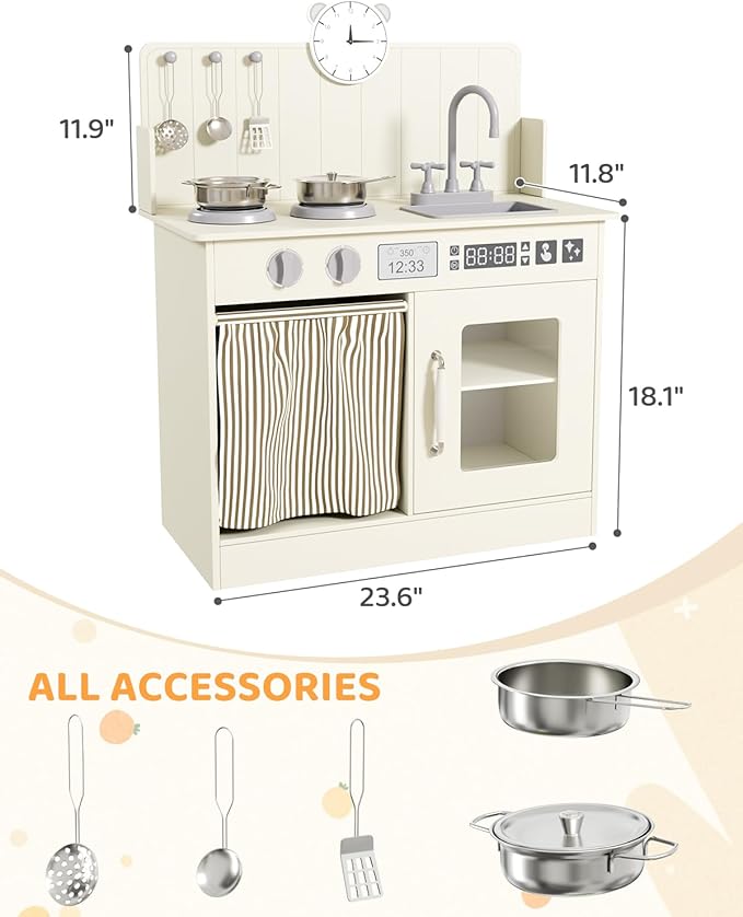 MAMIZO Play Kitchen for Toddlers, Wooden Kids Toy Kitchen Playset with Smart Storage, Ultimate Interactive, Simulated Gas Cooker, Sink & Faucet, 6 Pcs Cookware & Educational Clock (Cream)