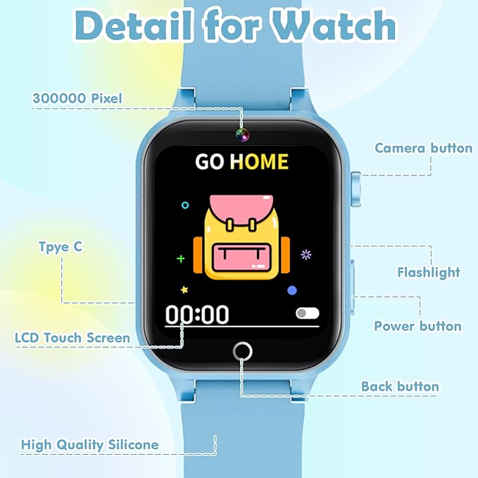 Luyiilo Smart Watch for Kids, with 26 Puzzle Games, Touch Screen, HD Camera, Alarm Clock, Toys for Ages 4-12 Years Old.Birthday Gift for Boys Girls (Soft Blue)