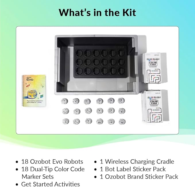 Ozobot Evo Classroom Kit (18 Bots): Interactive Coding Robot, Kids Ages 5+, Includes 18 Evo Robots, Color Code Markers, Charging Cradle, Bot Stickers, Access to 700+ STEAM Lessons, Educators & Parents