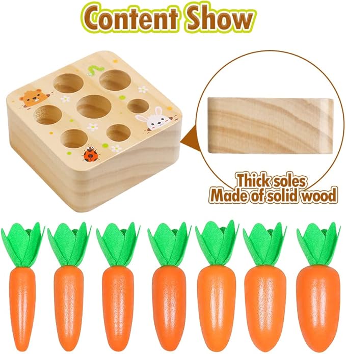 Skrtuan Montessori Toys for Babies 36 Months, Wooden Toys for 3 4 5 Year Old Toddlers, Educational Carrot Harvest Shape Sorting Matching Puzzle, Developmental Birthday Gifts for Boys and Girls