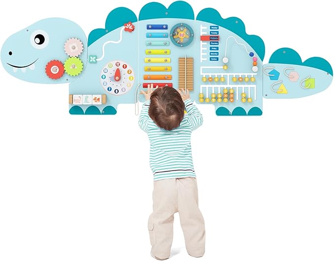 GLACER Dinosaur Wall Busy Board Panels, 11-in-1 Wooden Learning Activity Center for Early Education, Wall-Mounted Montessori Sensory Toddler Toys for Playroom, Daycare, Nursery (Blue)