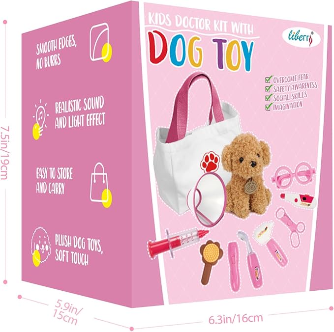 Liberry Doctor Kit for Toddlers Age 3 4 5 6, 26 Pcs Kids Doctor Playset with Dog Toy, Stethoscope and Dress Up Costume, Pretend Play Medical Christmas Gift for Girls, Pink