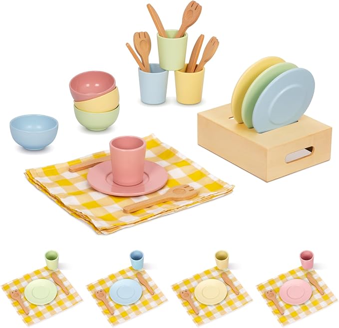 OOOK Wooden Play Dishes and Plates for Kids Kitchen Set, 25 PCS Wooden Play Kitchen Accessories, Pretend Montessori Kids Pots and Pans Playset for 3+ Toddlers