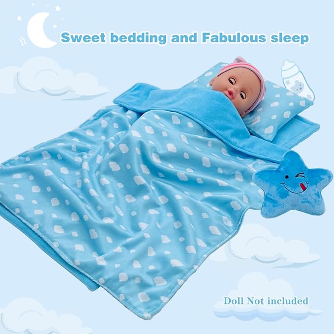 Baby Doll Accessories Bedding Set Soft Blanket Mattress Pillow Dolls Playset Fits 16-18 Inches American Doll Furniture Toy Girls and Boys (Blue)
