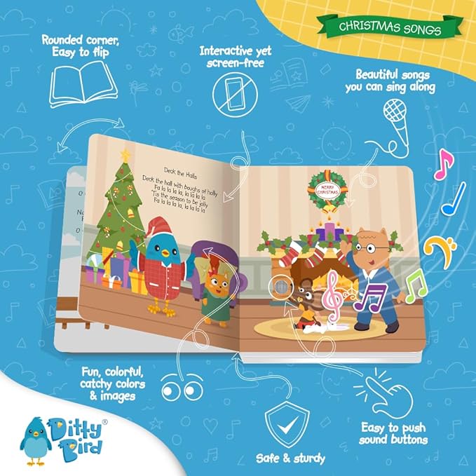 Ditty Bird Christmas Musical Book for Toddlers – Interactive Sound Book with Jingle Bells & Holiday Songs for Babies 1-3 | Sturdy Baby Book & Xmas Music Toy