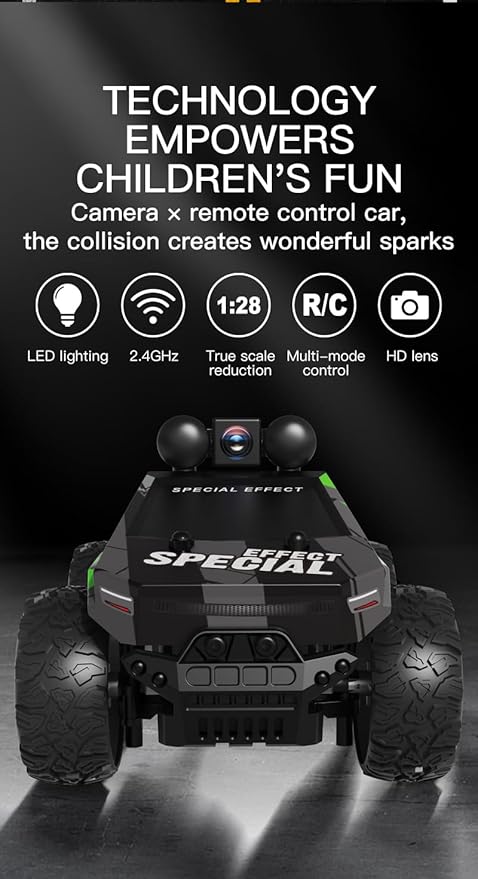 rc car with FPV Camera,Monster Trucks,1:28 Remote Control car Toys with LED Lights,2.4GHz,Real-Time Image Transmission,2 Rechargeable Batteries,Black/Yellow
