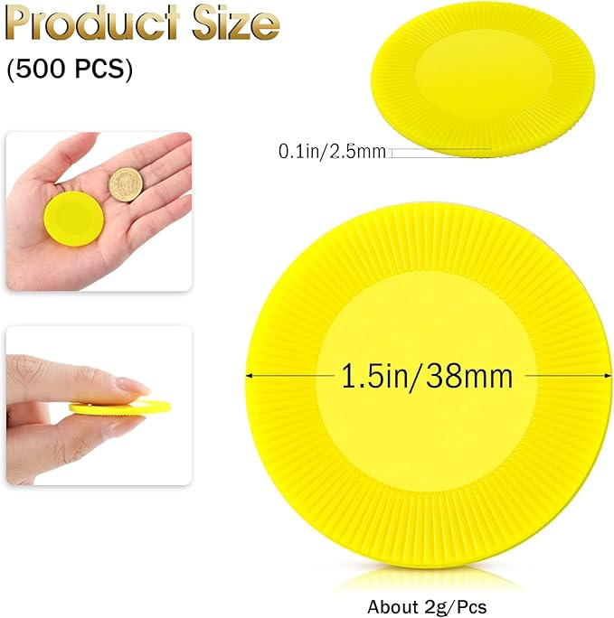 Leitee 500 Pcs Yellow Plastic Poker Chips Bulk 1.5 Inch Mini Bingo Chips Tokens Markers Blank Casino Counting Discs Learning Math Counters for Adults Interlocking Game Counting Reward Card