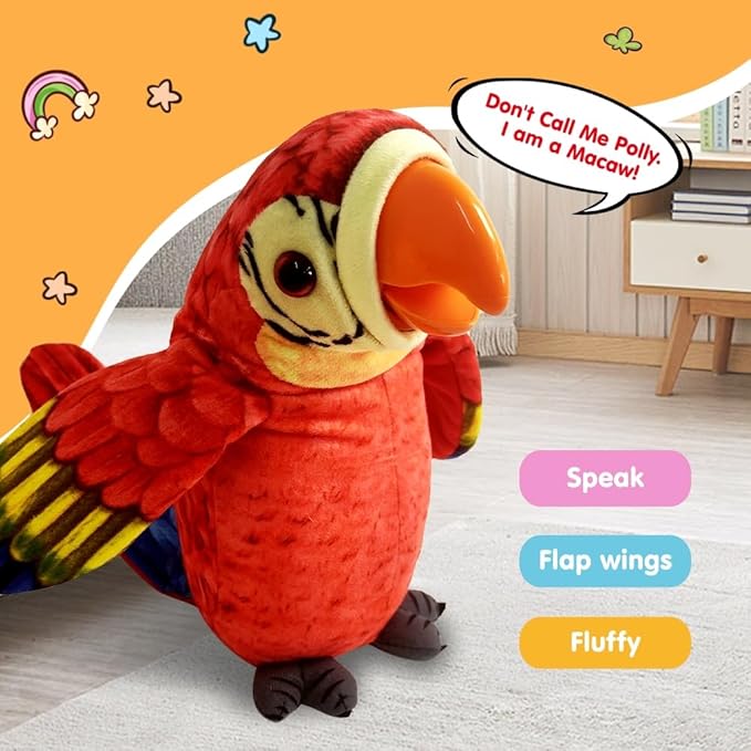 WEofferwhatYOUwant Talking Parrot Toy - Large Plush Macaw - Voice Activated - Repeats What You Say - Mouth Moves Wings Flap - Soft & Cuddly - Playtime & Family Fun for All Ages