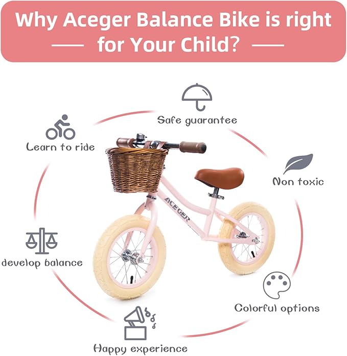ACEGER 12" Kids Balance Bike with Basket, Toddler Bicycle for Early Learning Leg Strength and Steady Balancing, Durable Frame&Tool-Free Adjustable Seat, Gift Bike for 2-5 Kids, No Brake