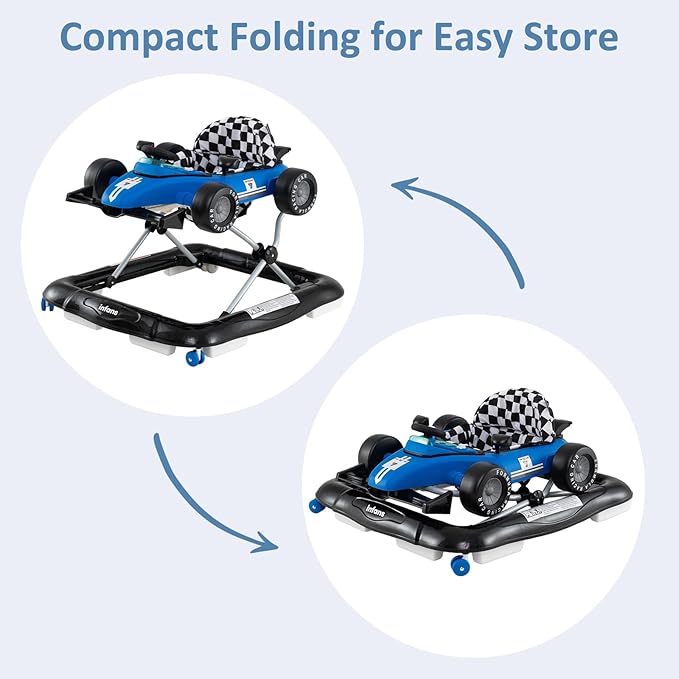 INFANS 4 in 1 Baby Walker, Foldable Toddler Activity Center with Adjustable Height, Padded Seat, Music, Light, Removable Tray, Push Walker for Girls Boys Aged 6-18 Months (Blue)
