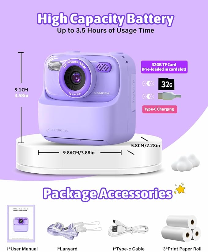 Mgaolo Kids Camera Instant Print Photo,Children Digital Camera Toys Gift with HD Video for Girls Boys 3-12 Age,Chritmas Birthday Festival Present for 3 4 5 6 7 8 9 Year Old Child (Purple)