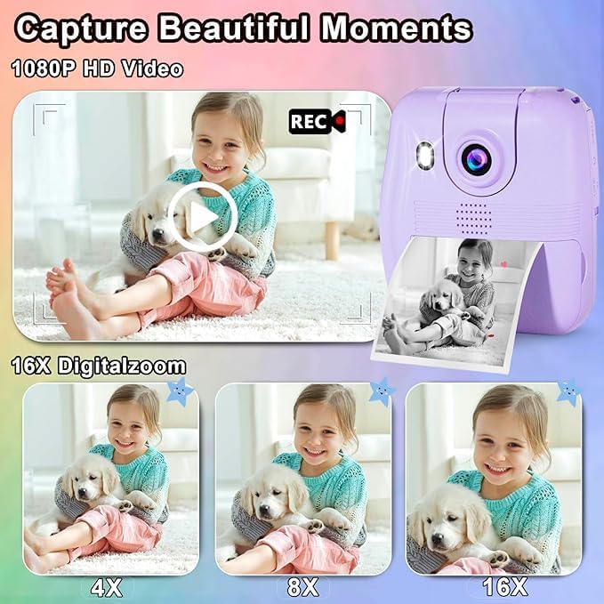 GKTZ Kids Camera - 1080P Instant Digital Print Camera for Kids - Christmas & Birthday Gifts for 3-12 Year Old Girls and Boys, Portable Toy with 32GB SD Card & 3 Roll of Printing Paper - Ultimate