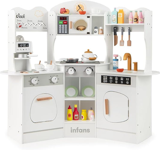 INFANS Corner Kids Kitchen Playset, Toddler Wooden Pretend Cooking Set with Lights Sounds Coffee Machine Washing Machine, Stove Removable Sink Storage Cabinet, Simulation Play Kitchen Toy (White)