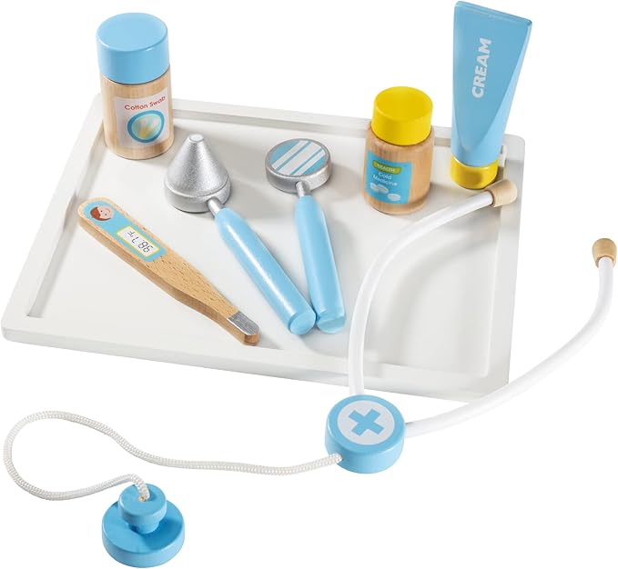 Get Well Doctor Wooden Activity Center- Kids Pretend Play Medical Playset w Waiting Room- 16 Accessories, Dual Sided, Office Checkup Kit, X-Rays, Blood Pressure Cuff- Boys Girls Roleplaying Xmas Gift
