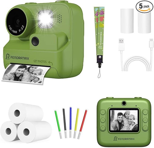 Instant Print Camera for Kids – No Ink Needed, 2.4" Screen, Selfie & 1080P Video, 10X Zoom, 3 Paper Rolls, Stickers & Markers, Fun Creative Gift for Boys & Girls Ages 3 4 5 6 7-12– FENORATRIX Green