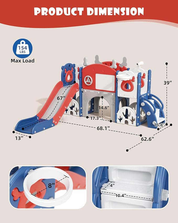 YUFU 13 in 1 Kids Slide for Toddlers, Toddler Slide Playset with Golf, Drawing Board, Climber, Basketball Hoop, Storage Space, Indoor Outdoor Toddler Playground for Kids Age 1-3 (Blue Red)