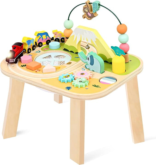 wingyz 9-in-1 Activity Table for 1 Year Old Toddler, Multi-Colorful Wooden Montessori Toys, Baby Play Table with Bead Maze Shape Sorter Train Toy, Educational Gifts for 12 Months+ Kids Boys Girls