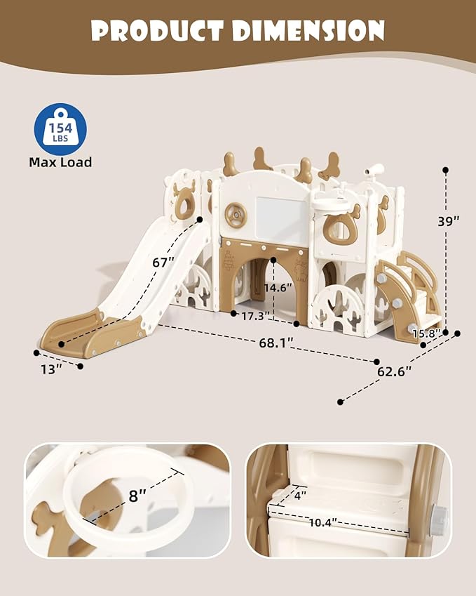 YUFU 13 in 1 Kids Slide for Toddlers, Toddler Slide Playset with Golf, Drawing Board, Climber, Basketball Hoop and Storage Space, Indoor Outdoor Toddler Playground for Kids Age 1-3 (Brown)