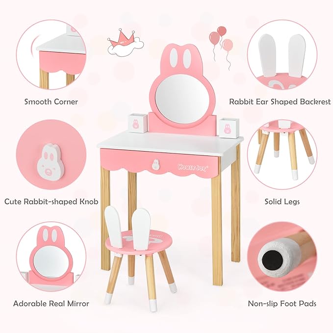 HONEY JOY Kids Vanity, Rabbit Themed Wooden Pretend Play Vanity Set, Toddler Makeup Vanity Table & Chair Set, Removable Holders & Drawer, Princess Little Girls Vanity Set with Mirror and Stool(White)
