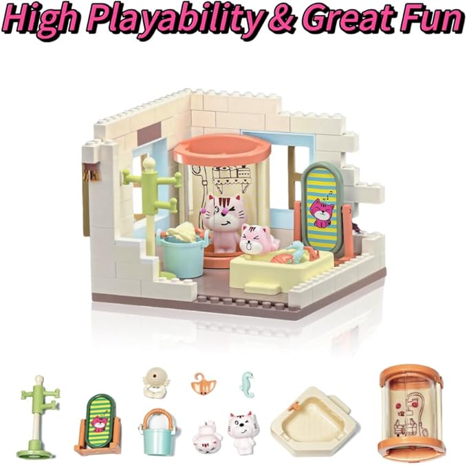 Koko's Cat Town DIY Miniature House Kit,Tiny House Bathroom Building Kit,Purrfect Dollhouse with 254PCS,Cat Toys Gift for Teens Kids Ages 3+,Dollhouse for 3 and up
