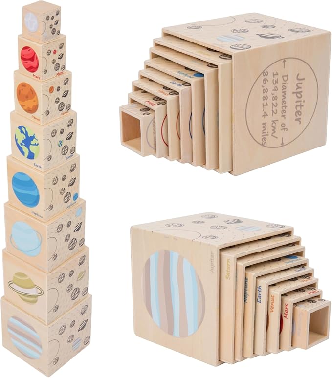 Adena Montessori Preschool Educational Science Toy Set, Stacking Toys for Kids 3+, Wooden Eight Planet Nesting Blocks for Learning Solar System, 8 Pieces