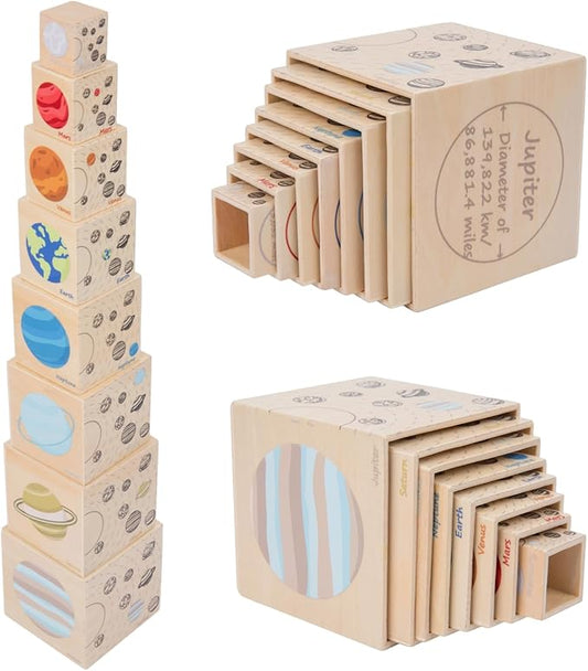 Adena Montessori Preschool Educational Science Toy Set, Stacking Toys for Kids 3+, Wooden Eight Planet Nesting Blocks for Learning Solar System, 8 Pieces