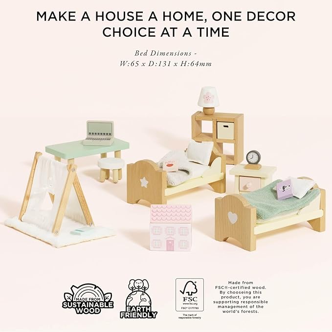Le Toy Van - SugarPlum Wooden Bedroom Set | Dolls House Accessories Play Set For Dolls Houses | Girls and Boys Doll House Furniture Sets - Suitable For Ages 3+, Daisylane Child Bedroom (ME061)