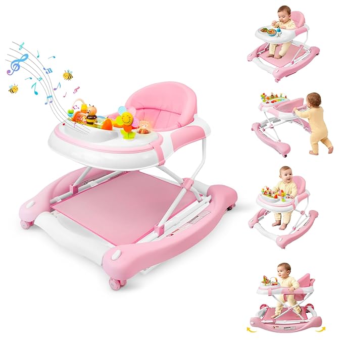 5 in 1 Baby Walker, Music and Lights Walker for Baby Boy Girls 6-12 Months, Foldable Baby Walkers with Wheels and Bouncer Combo Portable, Toddler Infant Walker with Adjustable Height
