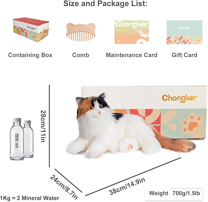 Chongker Interactive Companion Robot Cat, Weighted Breathing Stuffed Animals, Cat Plush Toy with Meow Voice, Breathing, Response, Realistic Heartbeat and Purring (Dark Calico Cat)